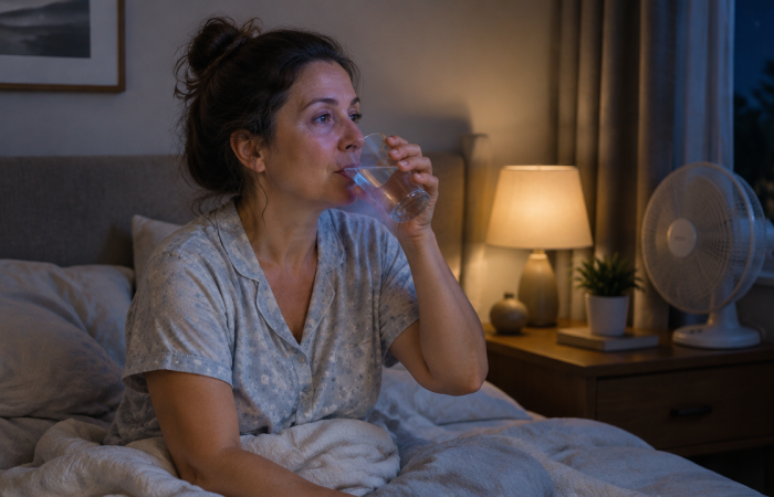 Gece terlemesi nedeniyle uyanan ve su içen bir kadın
