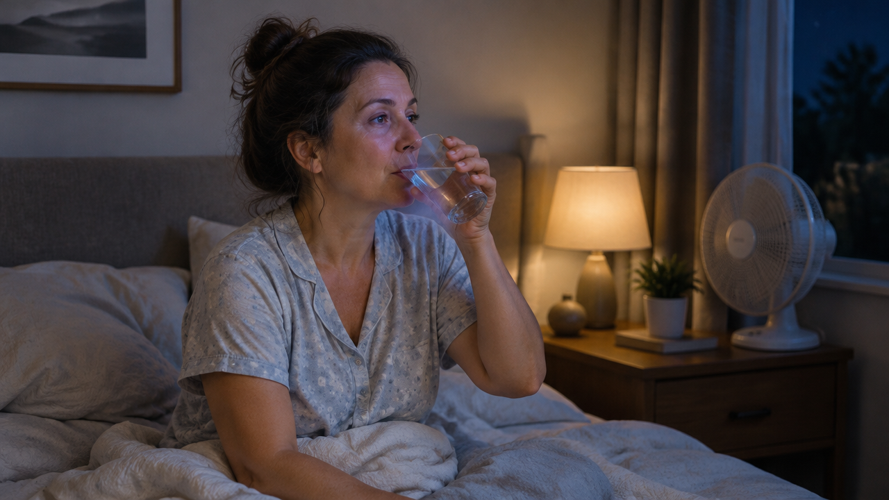 Gece terlemesi nedeniyle uyanan ve su içen bir kadın